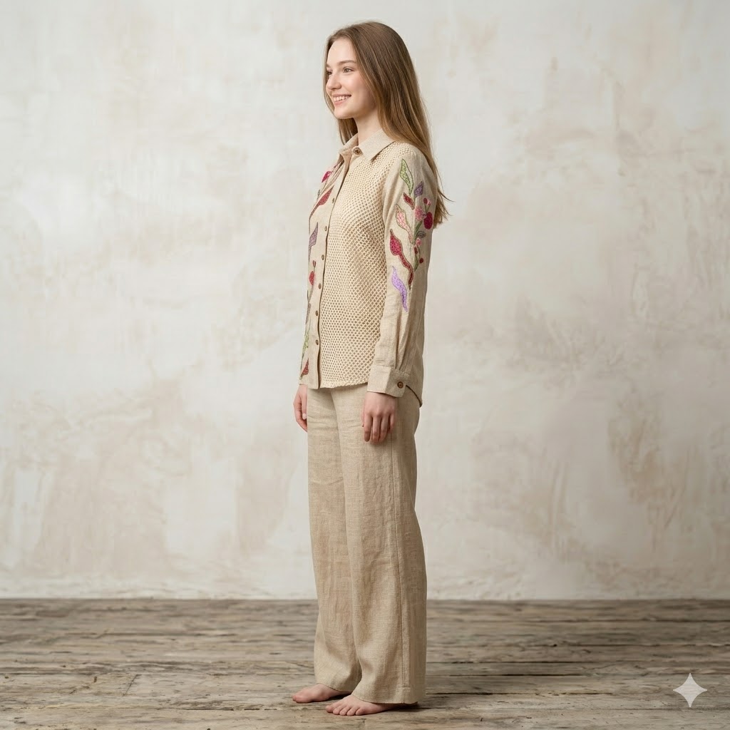 “Handcrafted Jute Cotton Floral Embroidered Co-ord Set – Beige”