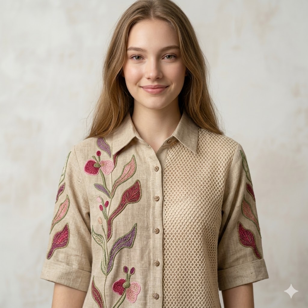 &ldquo;Handcrafted Jute Cotton Floral Embroidered Co-ord Set &ndash; Beige&rdquo;