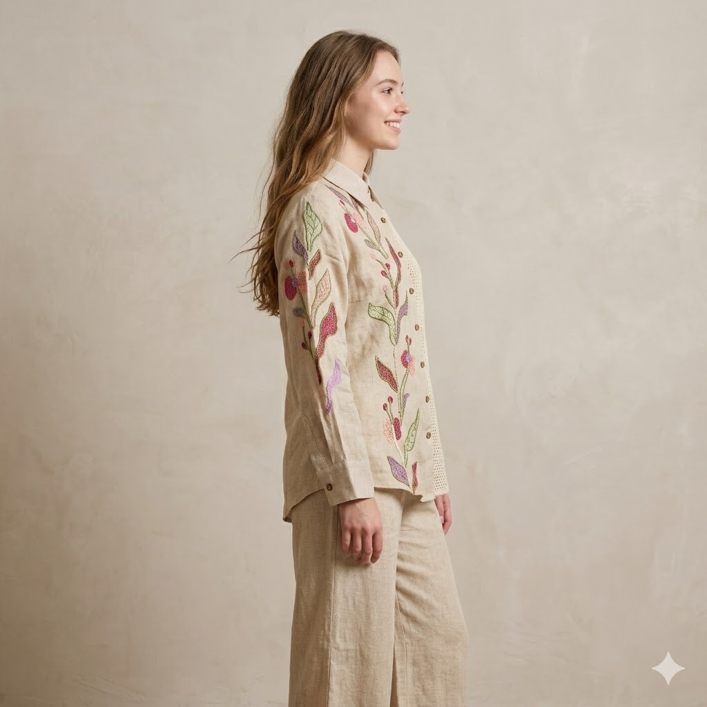 &ldquo;Handcrafted Jute Cotton Floral Embroidered Co-ord Set &ndash; Beige&rdquo;