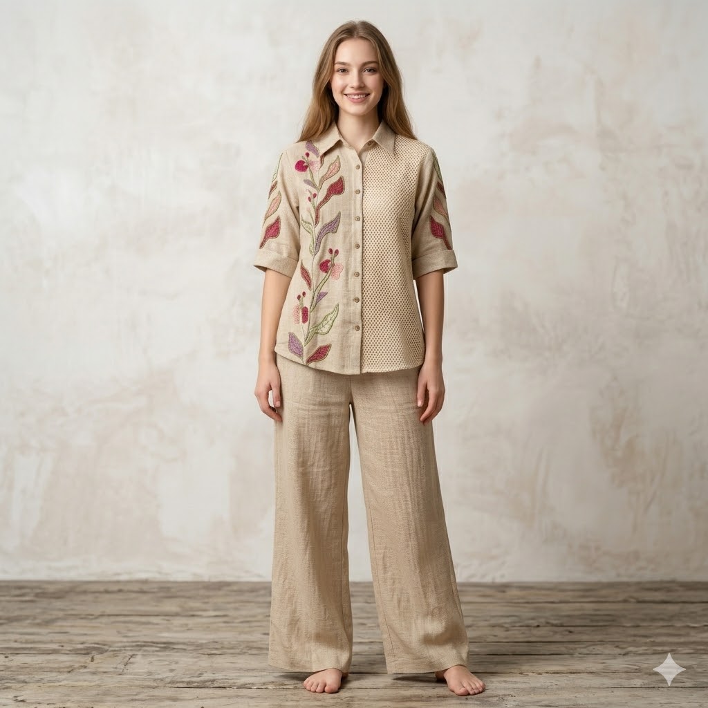 &ldquo;Handcrafted Jute Cotton Floral Embroidered Co-ord Set &ndash; Beige&rdquo;